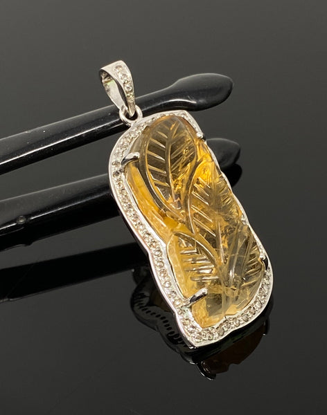 Carved Citrine Diamond Pendant, Pave Diamond Sterling Silver Pendant,