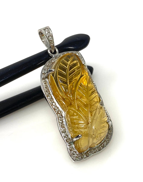 Carved Citrine Diamond Pendant, Pave Diamond Sterling Silver Pendant,