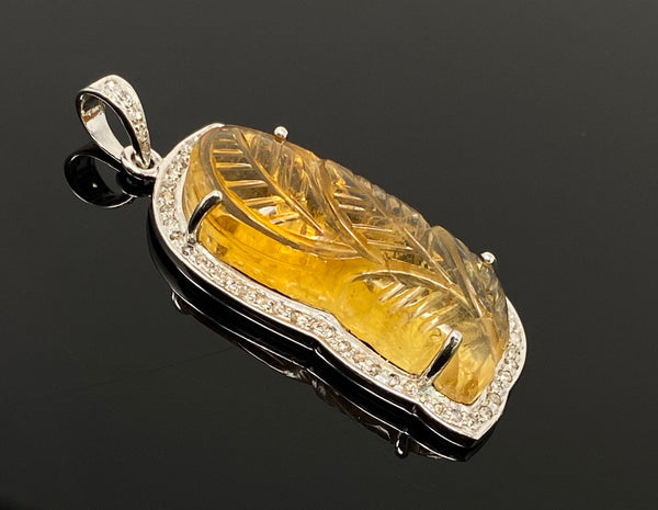 Carved Citrine Diamond Pendant, Pave Diamond Sterling Silver Pendant,