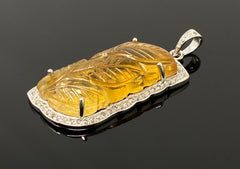 Carved Citrine Diamond Pendant, Pave Diamond Sterling Silver Pendant,