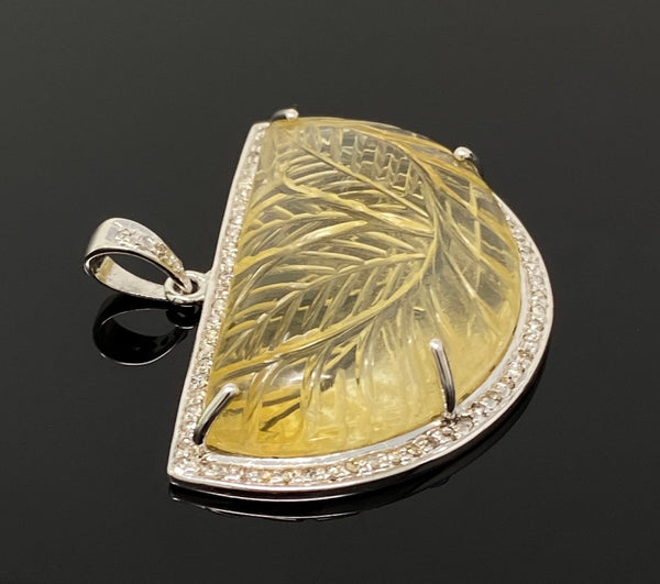 Carved Citrine Diamond Pendant, Pave Diamond Sterling Silver Pendant,