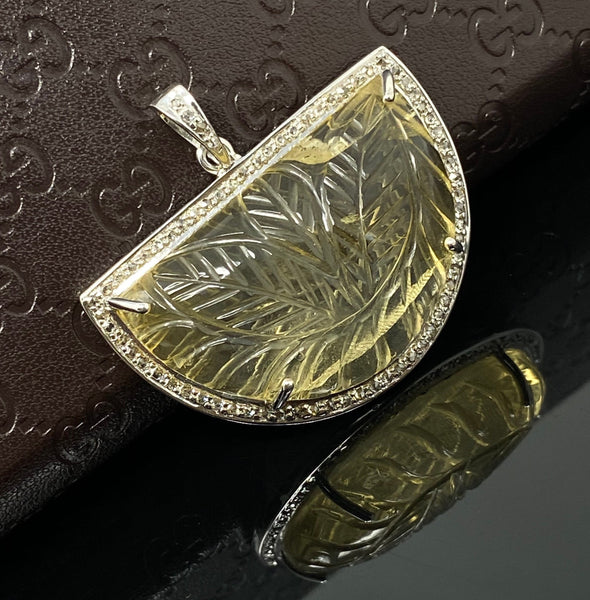 Carved Citrine Diamond Pendant, Pave Diamond Sterling Silver Pendant,