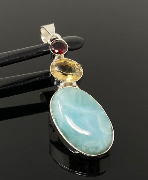 Natural Larimar with Garnet and Citrine Gemstone Pendant, Sterling Sil