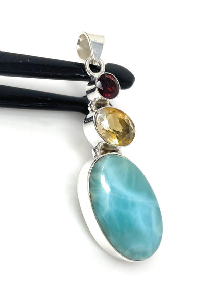 Natural Larimar with Garnet and Citrine Gemstone Pendant, Sterling Sil