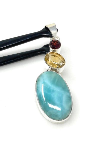 Natural Larimar with Garnet and Citrine Gemstone Pendant, Sterling Sil