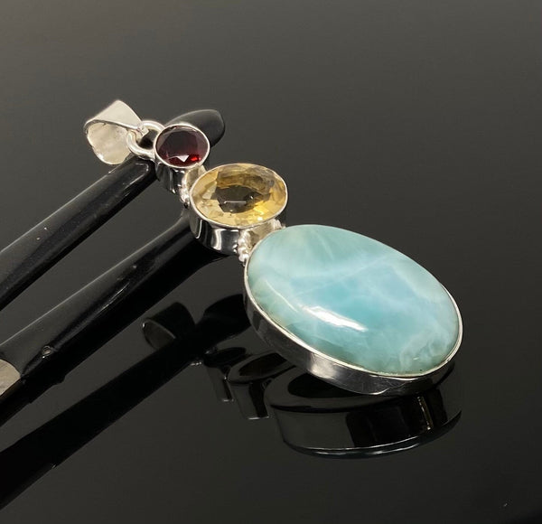 Natural Larimar with Garnet and Citrine Gemstone Pendant, Sterling Sil