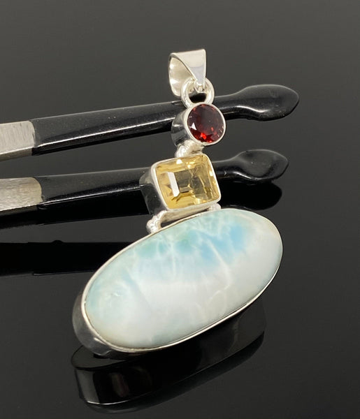 Natural Larimar with Garnet and Citrine Gemstone Pendant, Sterling Sil