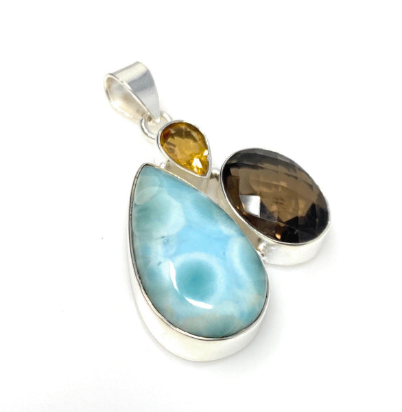 Gemstone Pendant - Larimar, Smokey Quartz and Citrine, Bohemian Jewelr