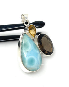 Gemstone Pendant - Larimar, Smokey Quartz and Citrine, Bohemian Jewelr