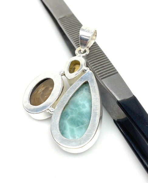 Gemstone Pendant - Larimar, Smokey Quartz and Citrine, Bohemian Jewelr