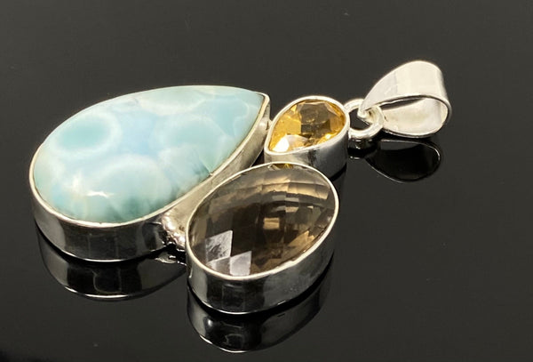 Gemstone Pendant - Larimar, Smokey Quartz and Citrine, Bohemian Jewelr