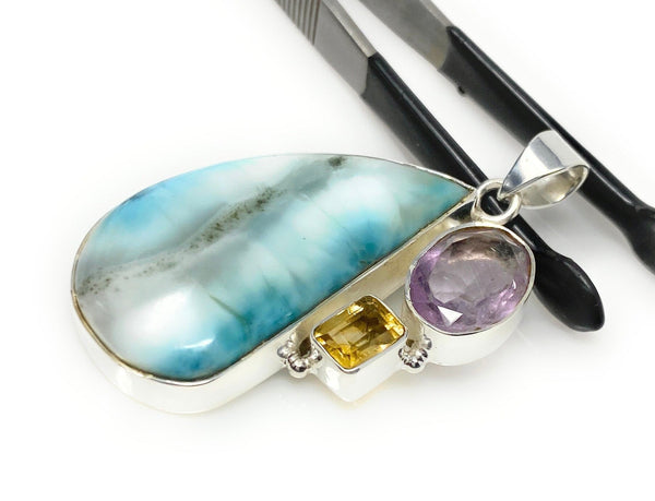 Natural Larimar with Amethyst and Citrine Gemstone Pendant, Sterling S