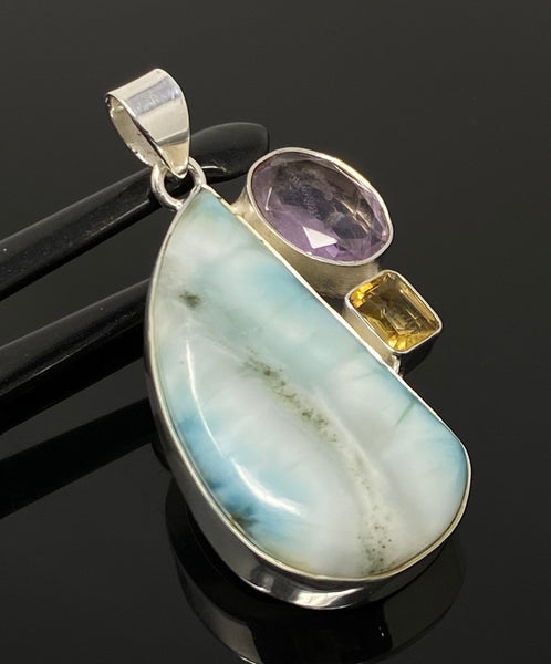 Natural Larimar with Amethyst and Citrine Gemstone Pendant, Sterling S