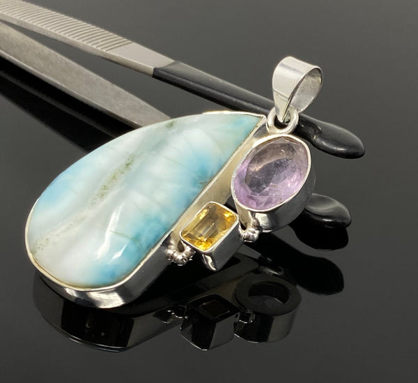 Natural Larimar with Amethyst and Citrine Gemstone Pendant, Sterling S