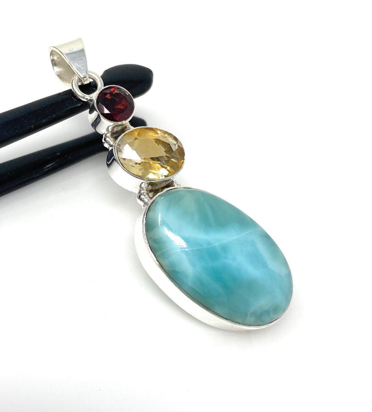 Natural Larimar with Garnet and Citrine Gemstone Pendant, Sterling Sil