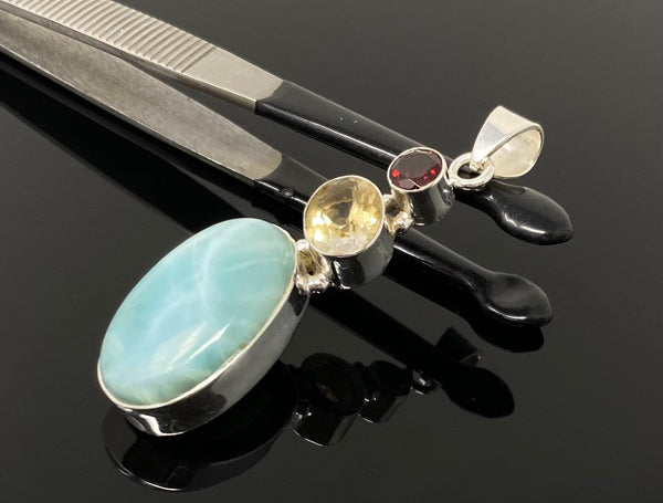 Natural Larimar with Garnet and Citrine Gemstone Pendant, Sterling Sil