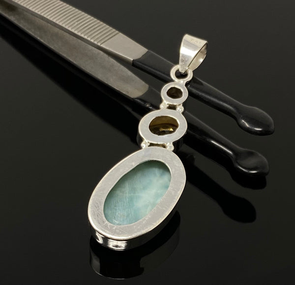 Natural Larimar with Garnet and Citrine Gemstone Pendant, Sterling Sil