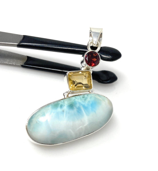 Natural Larimar with Garnet and Citrine Gemstone Pendant, Sterling Sil