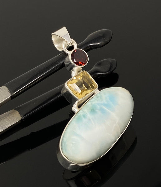 Natural Larimar with Garnet and Citrine Gemstone Pendant, Sterling Sil