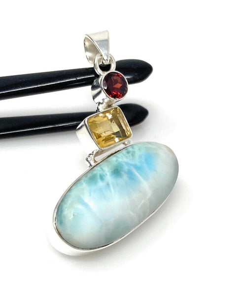 Natural Larimar with Garnet and Citrine Gemstone Pendant, Sterling Sil