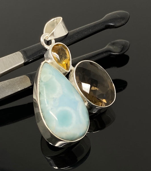 Gemstone Pendant - Larimar, Smokey Quartz and Citrine, Bohemian Jewelr