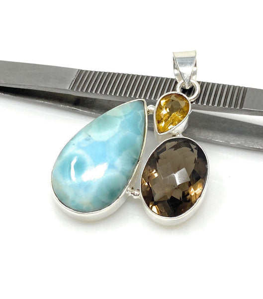 Gemstone Pendant - Larimar, Smokey Quartz and Citrine, Bohemian Jewelr