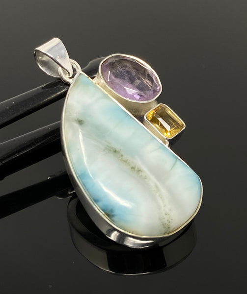 Natural Larimar with Amethyst and Citrine Gemstone Pendant, Sterling S