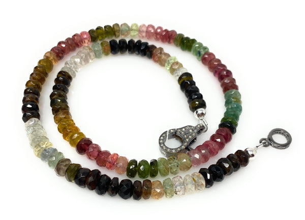 16.85” Natural Multi Tourmaline Necklace with Pave Diamond Clasp,