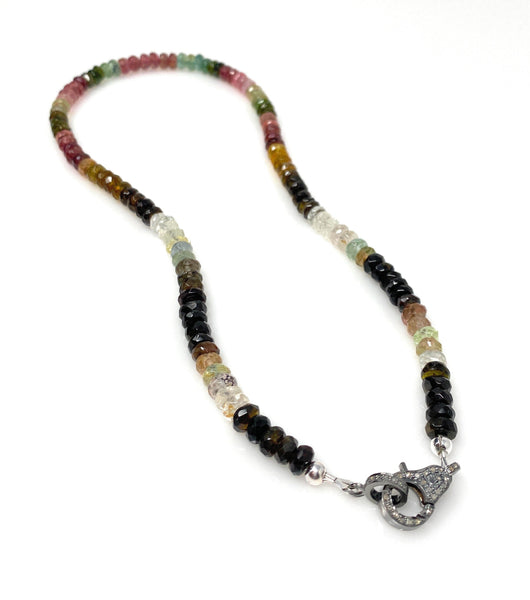 16.85” Natural Multi Tourmaline Necklace with Pave Diamond Clasp,