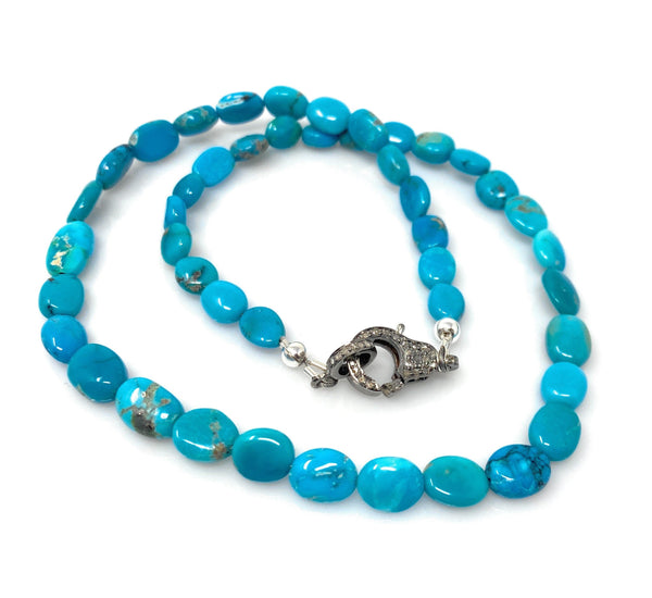 17” Genuine Arizona Turquoise Necklace with Pave Diamond Clasp,