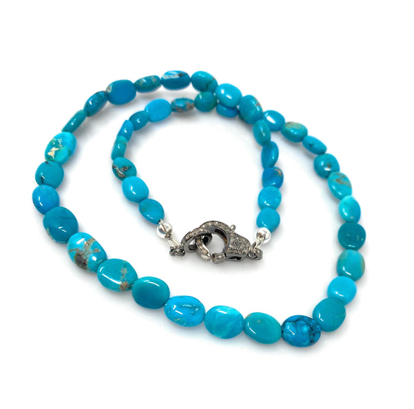 17” Genuine Arizona Turquoise Necklace with Pave Diamond Clasp,