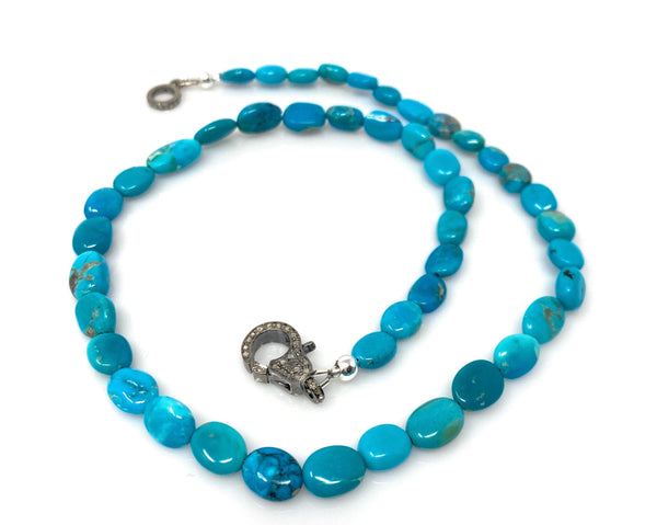 17” Genuine Arizona Turquoise Necklace with Pave Diamond Clasp,