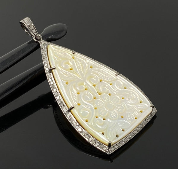 Mother of Pearl Pave Diamond Pendant, Natural Gemstone Pendant, Nacre