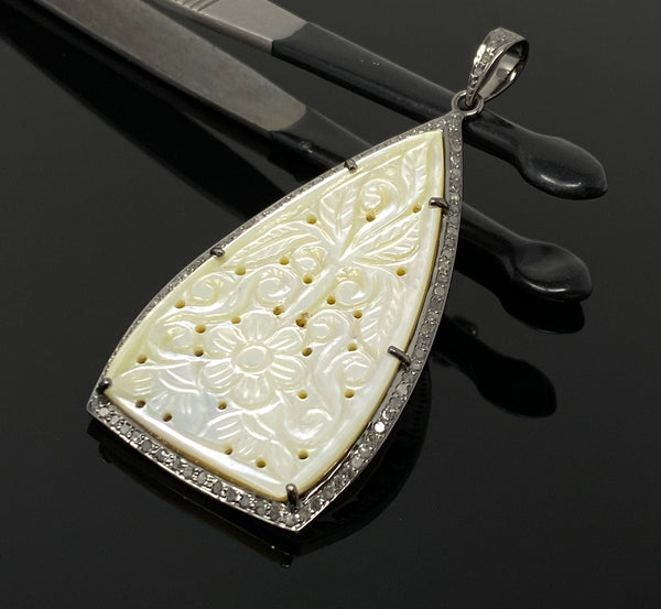 Mother of Pearl Pave Diamond Pendant, Natural Gemstone Pendant, Nacre