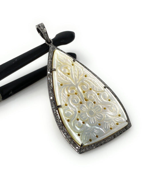 Mother of Pearl Pave Diamond Pendant, Natural Gemstone Pendant, Nacre