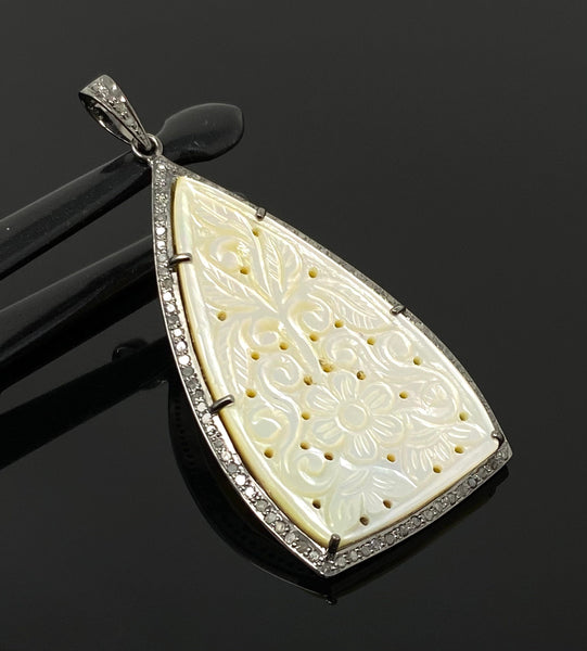 Mother of Pearl Pave Diamond Pendant, Natural Gemstone Pendant, Nacre