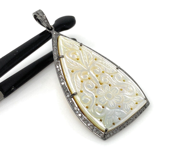 Mother of Pearl Pave Diamond Pendant, Natural Gemstone Pendant, Nacre