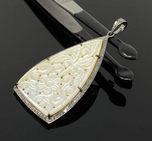 Mother of Pearl Pave Diamond Pendant, Natural Gemstone Pendant, Nacre