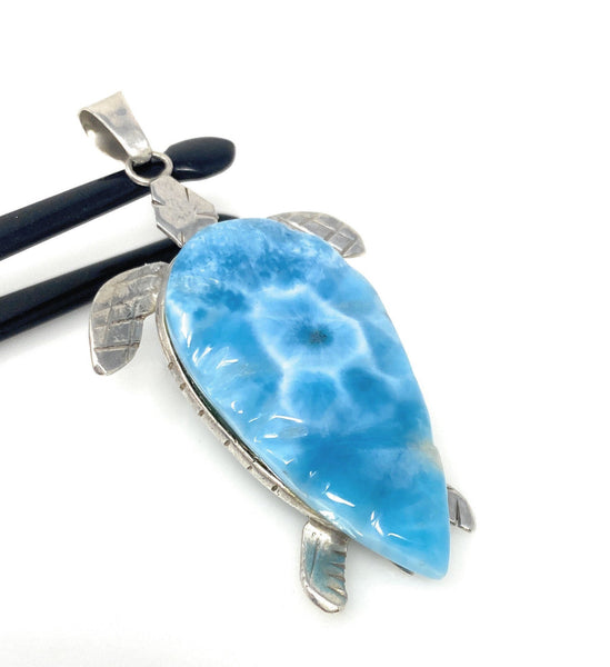 24g Rare Larimar Carved Turtle Pendant, Large Larimar Silver Pendant,