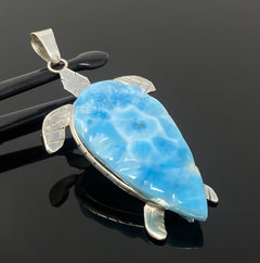 24g Rare Larimar Carved Turtle Pendant, Large Larimar Silver Pendant,