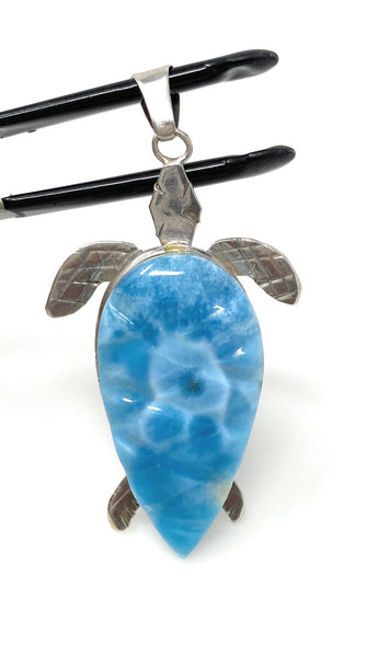 24g Rare Larimar Carved Turtle Pendant, Large Larimar Silver Pendant,