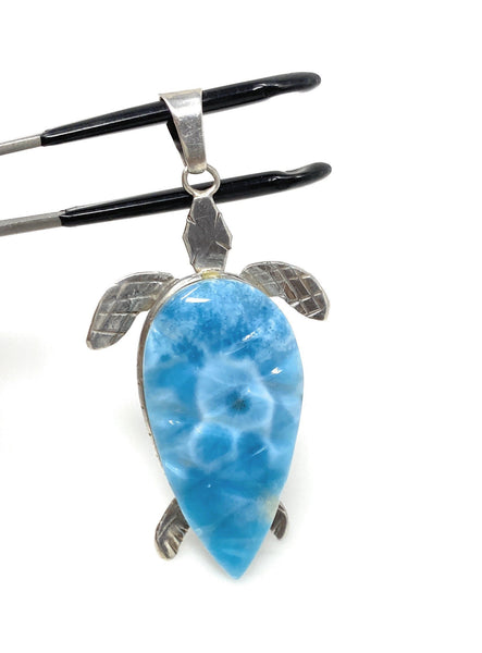 24g Rare Larimar Carved Turtle Pendant, Large Larimar Silver Pendant,