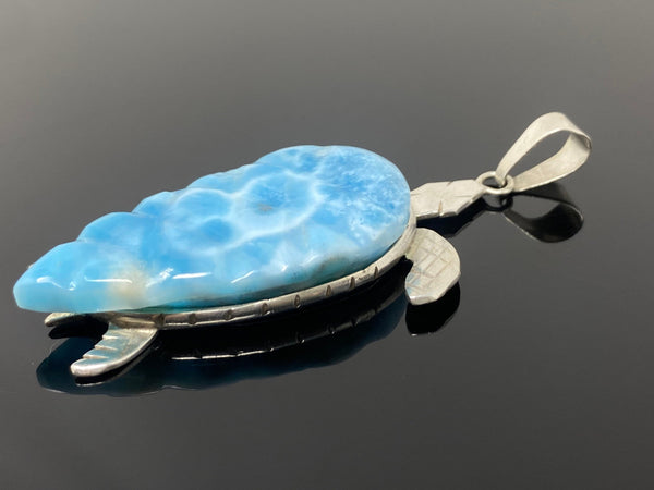 24g Rare Larimar Carved Turtle Pendant, Large Larimar Silver Pendant,