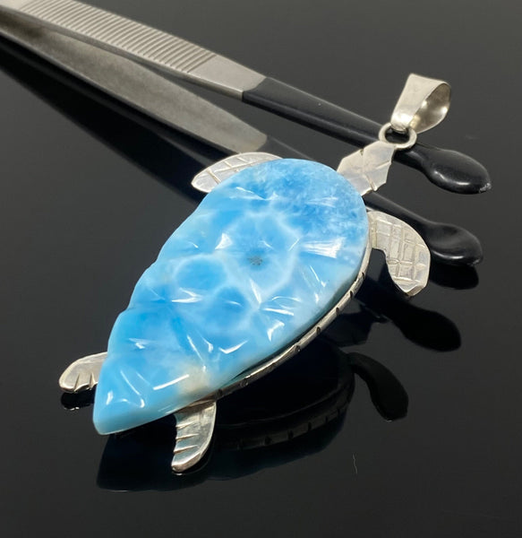 24g Rare Larimar Carved Turtle Pendant, Large Larimar Silver Pendant,