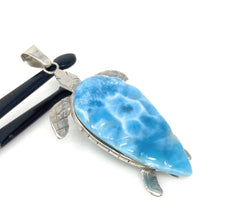 24g Rare Larimar Carved Turtle Pendant, Large Larimar Silver Pendant,