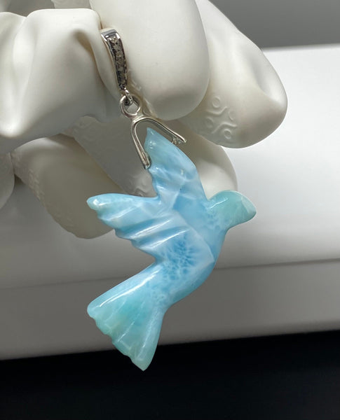 8g Rare Large Larimar Bird Pave Diamond Pendant, Silver Bohemian