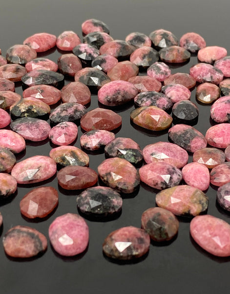 10 Pcs Natural Rhodonite Rose Cut Cabochons, Loose Gemstones,