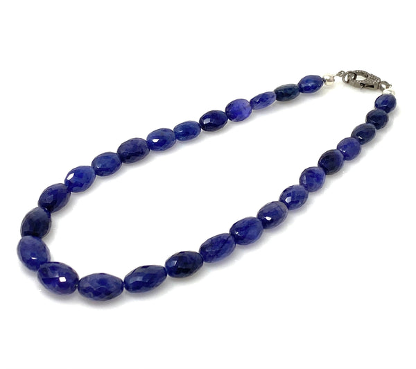 16.85” Genuine Blue Sapphire Necklace with Pave Diamond Clasp, Natural