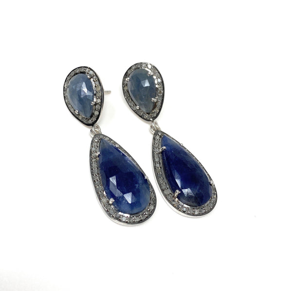 Pave Diamond Sapphire Earrings, Natural Blue Sapphire Gemstone Earring