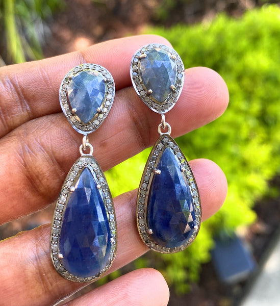 Pave Diamond Sapphire Earrings, Natural Blue Sapphire Gemstone Earring